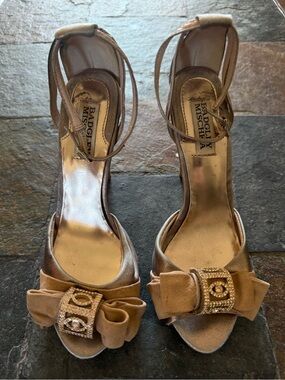 Badgley Mischka Tan Satin Peep-Toe Heels with Bow and Crystal Buckle